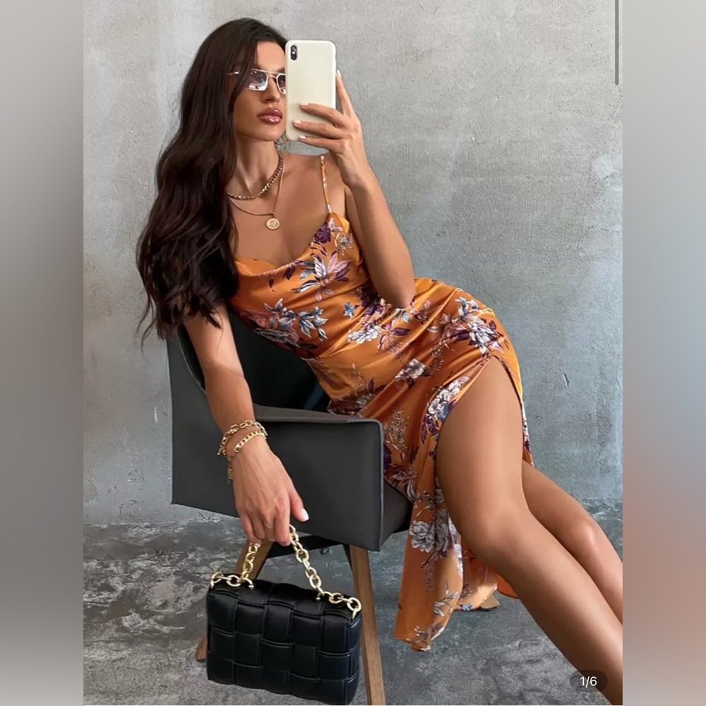 SHEIN Orange Floral Midi Dress